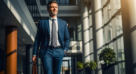 Successful corporate executive walking with confidence in a sunlit modern office hallway, embodying ambition and leadership.