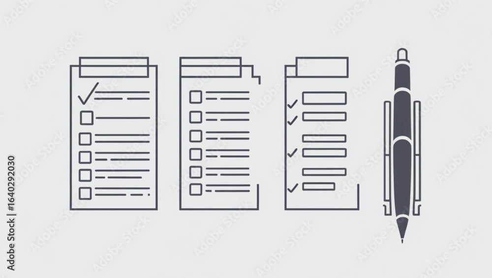 Poster three checklists with checkmarks and a pen on a light gray background to do list task list