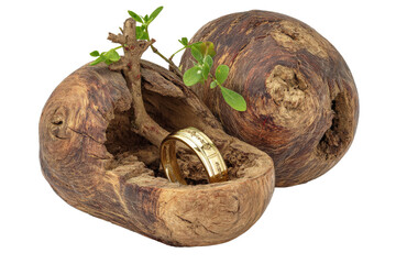 A beautifully crafted golden ring nestled within a rustic wooden bowl, surrounded by delicate green sprouts, symbolizing nature's harmony and the beauty of craftsmanship in a serene setting