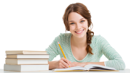 Smiling young woman studying with books and a pencil isolated on black ground