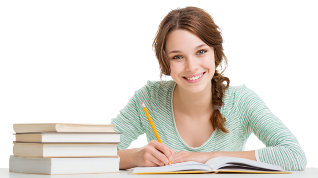 Smiling young woman studying with books and a pencil isolated on black ground