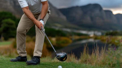 Golf swing action scenic course sports photography mountainous landscape close-up view technique mastery