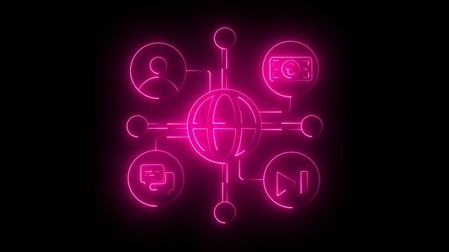 "Futuristic Glowing Neon Communication Network &ndash; Digital Globe with Social Media and Multimedia Icons Animation on Black Background"