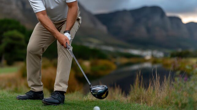 Golf swing action scenic course sports photography mountainous landscape close-up view technique mastery