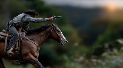 Cowboy showdown western landscape action shot dramatic sunset side view tension and adventure