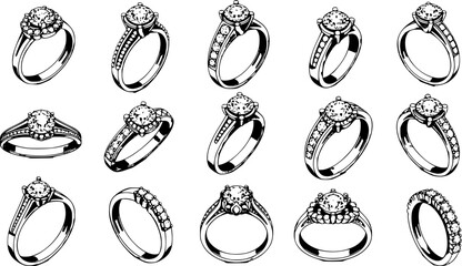 diamond studded engagement rings vector set, wedding ring symbolizing love and commitment. Variety of designs, from classic solitaires to intricate patterns