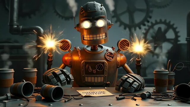 Animated Robot Overtime Sparks Fly in Steampunk Workshop.