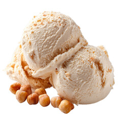 Creamy hazelnut ice cream scoops served with crushed hazelnuts on a clean background, ideal for dessert menus, food blogs, or culinary advertisements