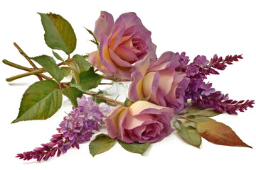 A beautiful arrangement of lavender and pink roses intertwined with purple flowers, set against a clean background, ideal for floral-themed designs or romantic occasions