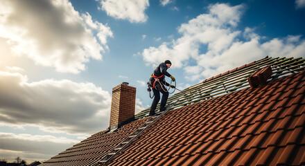 Skilled rooftop carpenter working on a house roof installation or repair under a bright cloudy sky.