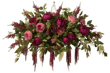A vibrant floral arrangement featuring deep pink roses, lush greenery, and delicate accents, perfect for enhancing event decor or as a centerpiece in a bright, inviting space