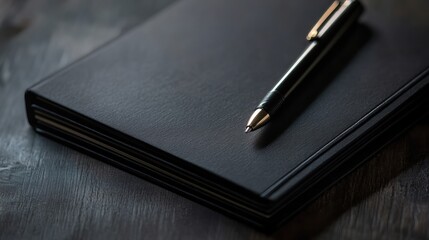 A sleek black notebook and pen resting on a dark surface, suggesting organization and creativity in a minimalist style.