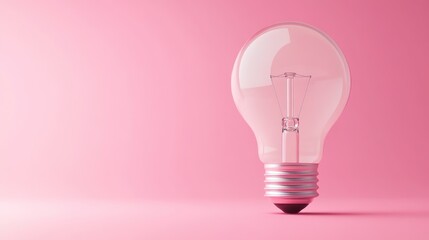 A light bulb, illuminated and standing on a pink surface, casting a soft shadow.