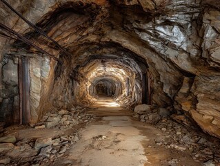 Abandoned Mine Shaft: Rock Walls, Concrete Floor, and Distant Light