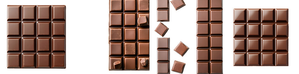 Delicious chocolate bars in various configurations, showcasing rich, smooth textures and glossy surfaces, perfect for culinary illustrations, advertisements, and dessert menus.
