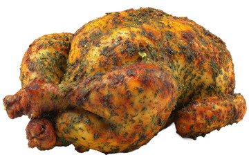 A beautifully roasted chicken seasoned with herbs and spices, presented on a clean surface, showcasing its golden-brown skin and juicy texture, ideal for culinary presentations