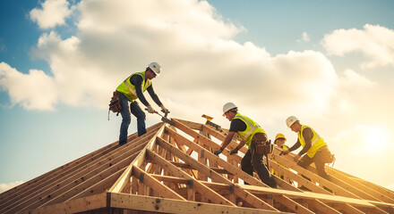 Skilled rooftop carpenter team diligently works on new house construction framing under a bright, sunny sky.