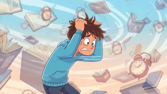 Cartoon Student Overwhelmed by Books and Alarms Stressful Study Time.