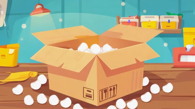 Cartoon-style open delivery box with white packing peanuts spilling out slightly, set on bright colorful animated packing station background, clean vector illustration