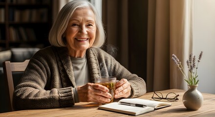 Content senior woman smiling warmly while enjoying a cup of herbal tea and reflecting in her journal at home.