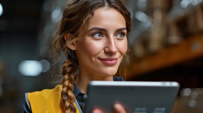 Empowered Logistics Professional: A determined female worker in a modern warehouse, wearing a safety vest and intently using a tablet.