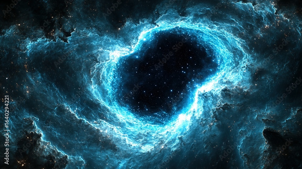 Poster abstract glowing portal or vortex surrounded by dark clouds and light effects.