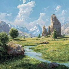 Obraz premium Serene Landscape with Majestic Mountains, Flowing River, and Lush Greenery Under a Bright Blue Sky with Fluffy Clouds Ideal for Nature and Travel Themes