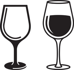Wine glasses illustration, filled and empty, black and white vector design element