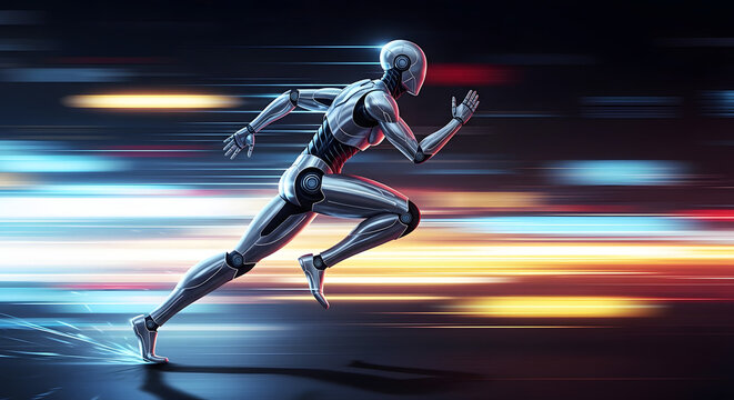 Running robot with light effect , Agility Humanoid Robot Factory Concept - Powered by Adobe