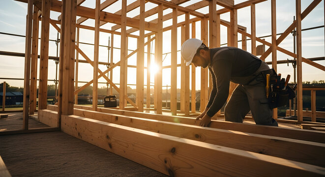 Professional Rooftop Carpenter Building House Frame at Sunset