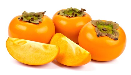 A clean and appealing composition of whole and sliced persimmons, beautifully arranged to highlight their freshness and inviting appearance