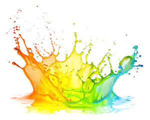 Vibrant rainbow-hued liquid explodes upwards, creating a crown-like splash against a black backdrop. Tiny droplets surround the main burst