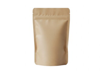 A plain brown paper stand up pouch with a resealable zipper closure isolated on transparent background
