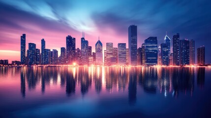 Obraz premium A stunning skyline at twilight, featuring modern skyscrapers reflecting on calm waters, illuminated by vibrant city lights.