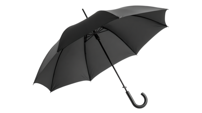 Black umbrella open with curved handle on transparent background. - Powered by Adobe