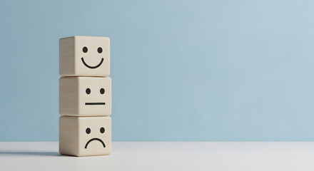 Customer service evaluation and satisfaction survey concepts. The client's hand picked the happy face smile face symbol on wooden blocks, copy space