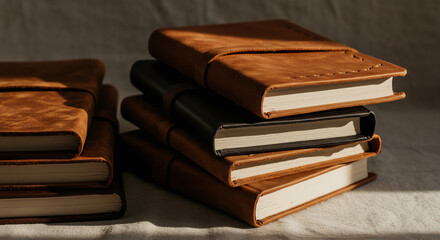 Handmade leather journals stacked on linen background