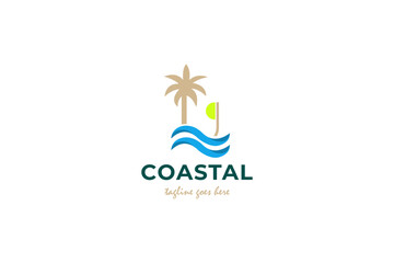 Palm Tree Beach Island with Wave. coastal logo design vector inspiration.