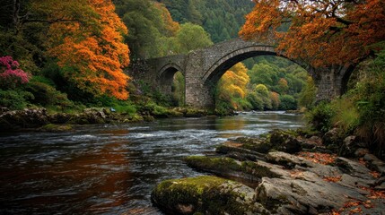 Autumnal Scene: Stone Arch Bridge over River, Vibrant Fall Foliage