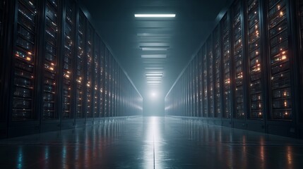 Fototapeta premium A modern server room featuring rows of illuminated servers in a sleek, high-tech environment.