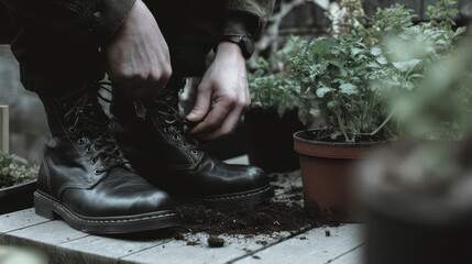 Black leather boots being tied by a person tending to plants.