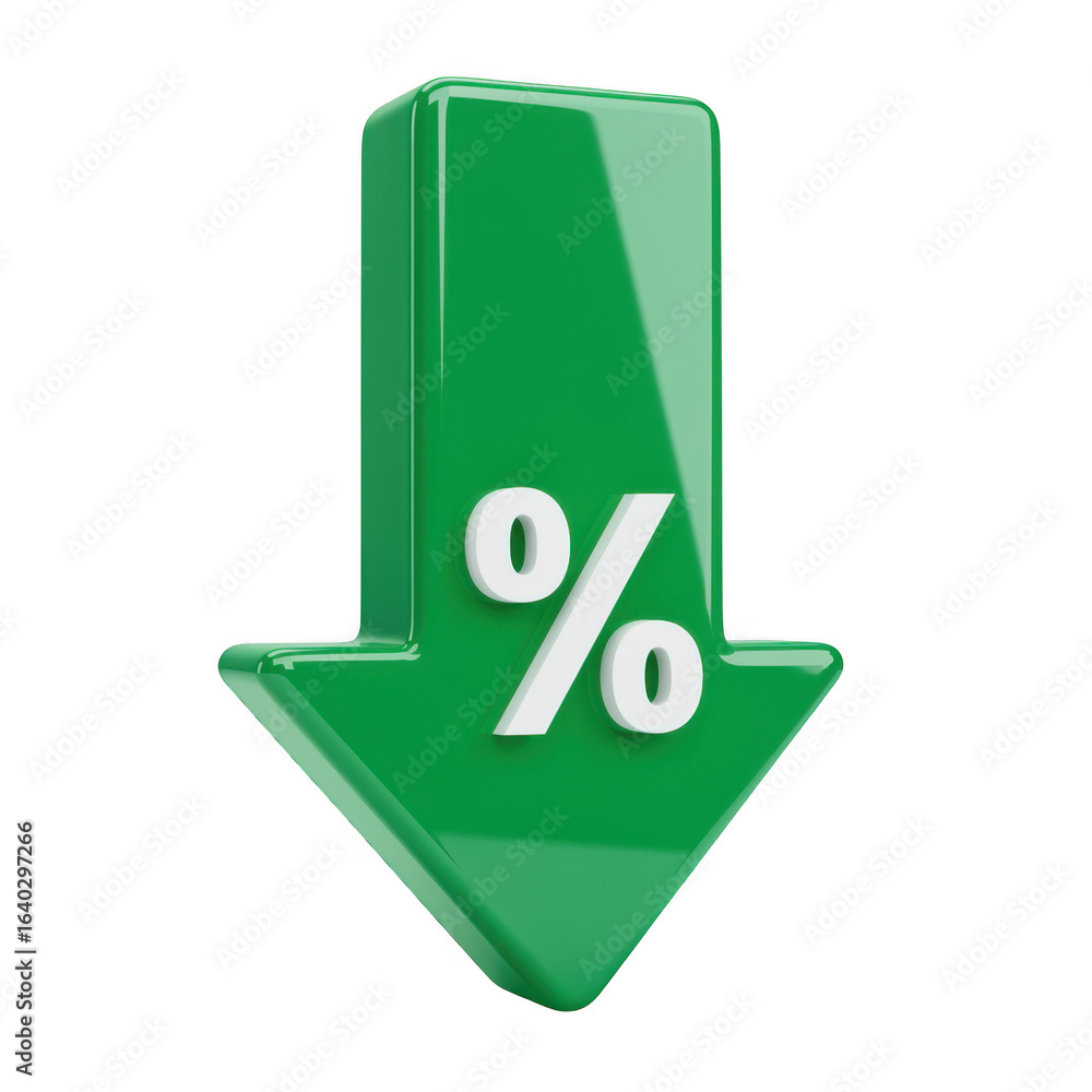 Poster green down arrow with percentage symbol isolated on transparent background