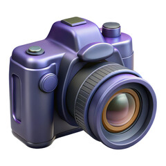 Close up of a futuristic purple dslr camera with a black lens against a solid black background