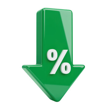 Green down arrow with percentage symbol isolated on transparent background