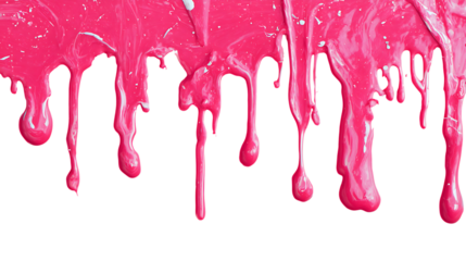 Bright pink paint drips flowing down on transparent background.