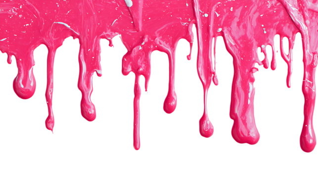 Bright pink paint drips flowing down on transparent background.