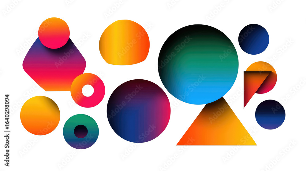 Poster abstract geometric composition: an array of vibrant, three-dimensional geometric shapes, each bursti