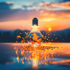 Illuminating autumn leaves in a light bulb outdoor sunset creative photography nature's beauty