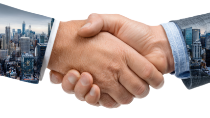 Handshake Harmony: Two individuals seal a business deal with a firm handshake, overlaid with a dynamic city skyline, symbolizing partnership, collaboration, and the forging of new opportunities.