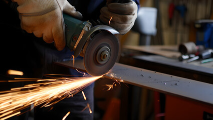 Craftsman's Hands: Using a Powerful Angle Grinder to Shape a Piece of Metal.